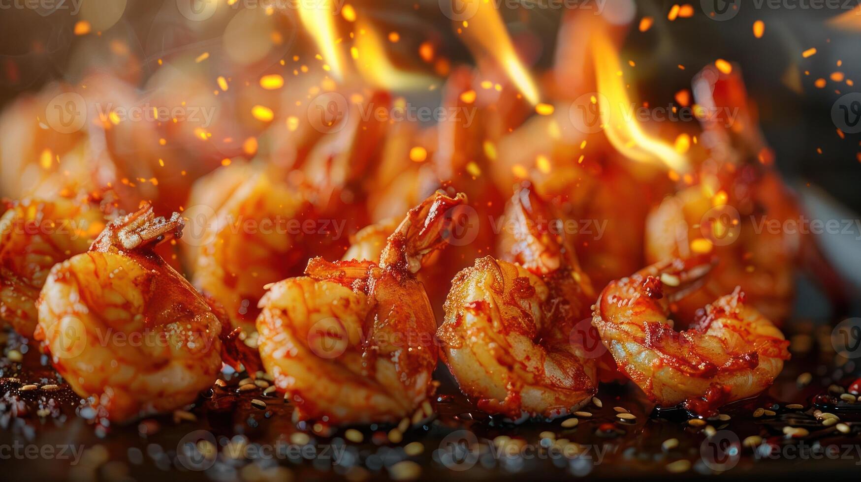 Grilled shrimp with a spicy glaze and flames, showcasing a delicious food presentation. photo