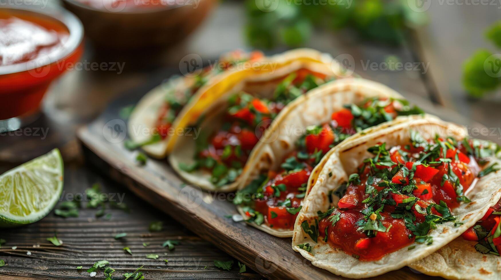 A plate of tacos topped with fresh salsa and herbs, served with lime and salsa on the side. photo