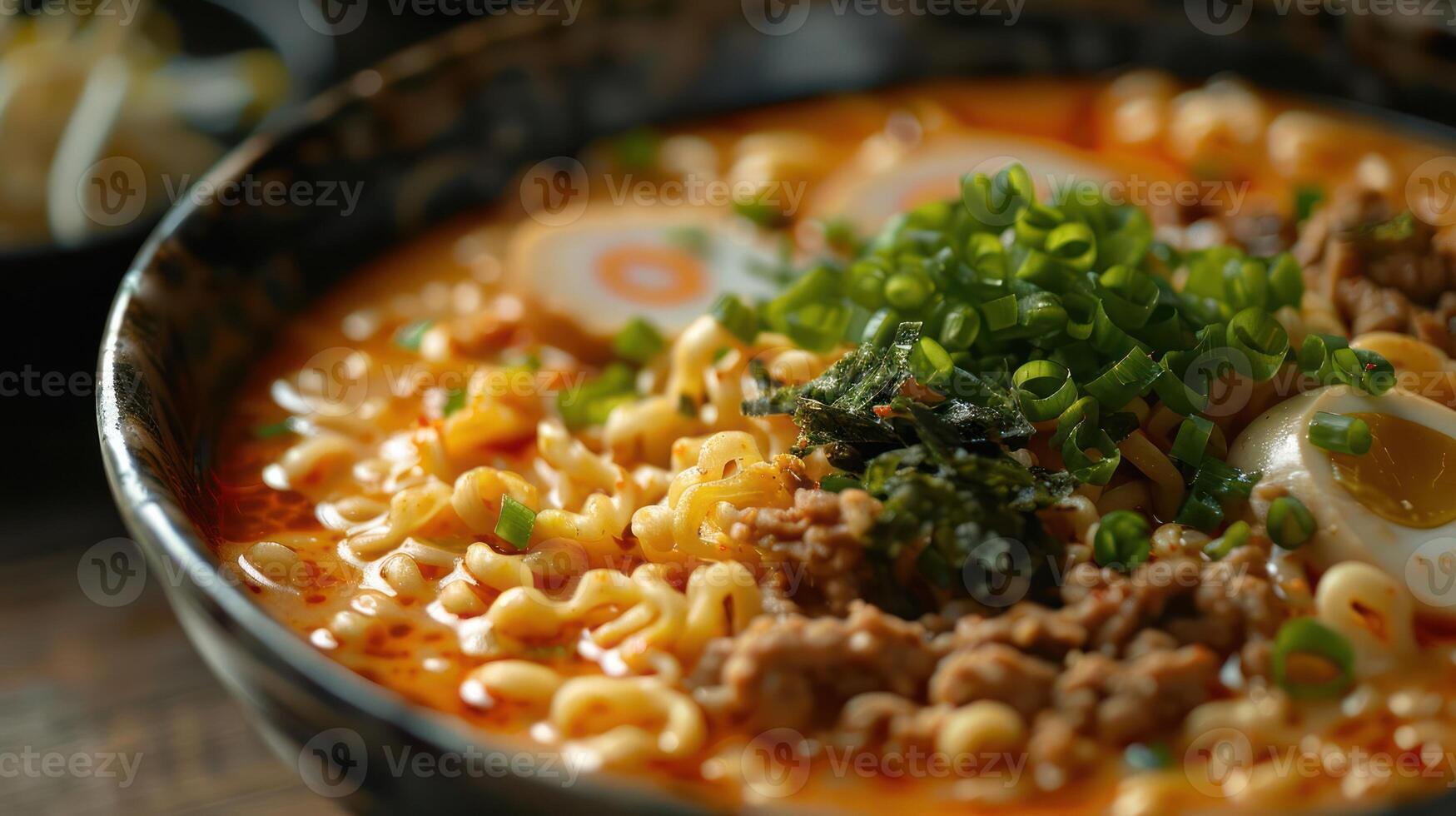 A close-up of a flavorful bowl of ramen topped with green onions, meat, and egg. photo