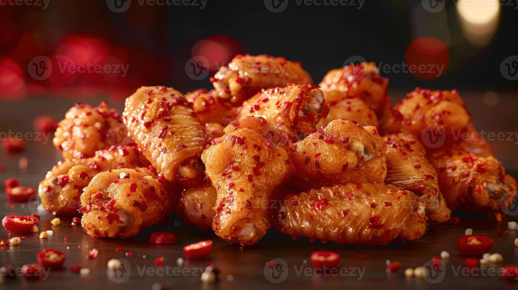 A pile of spicy chicken wings garnished with red pepper flakes on a dark table. photo