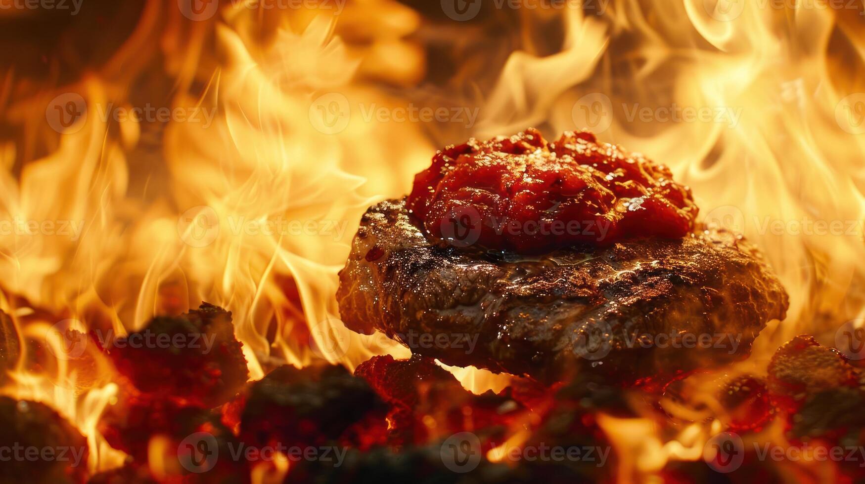 A sizzling burger patty topped with sauce, surrounded by flames and glowing coals. photo