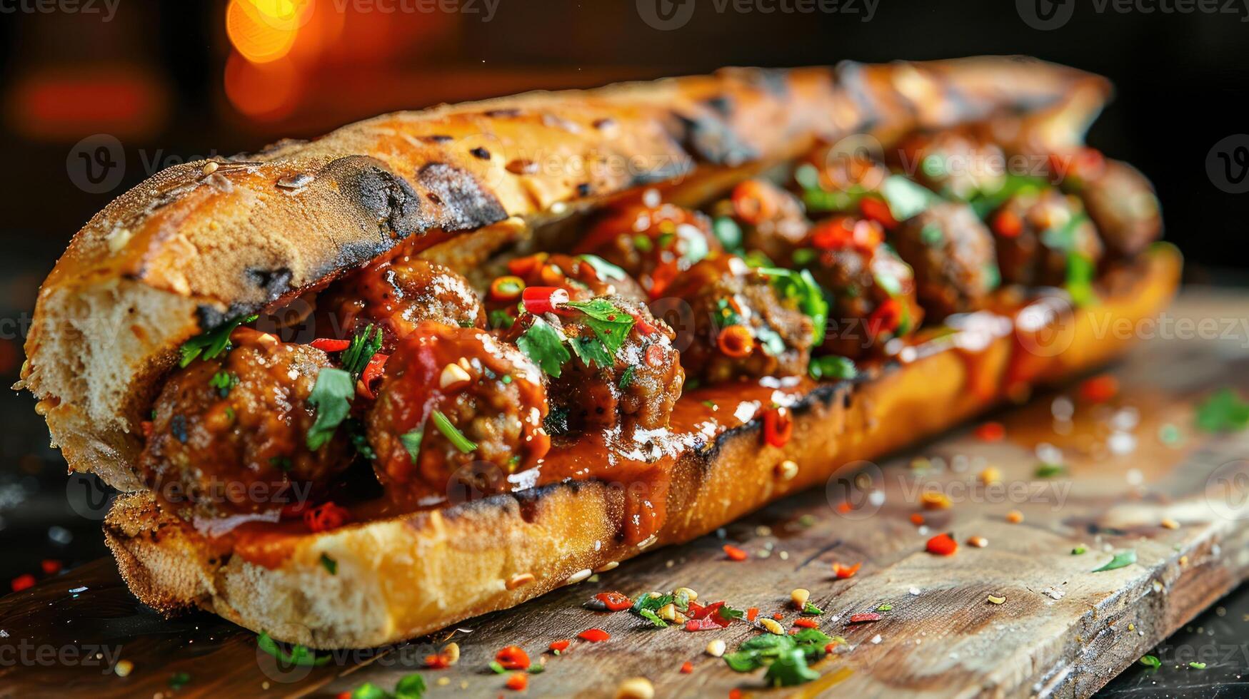 A delicious meatball sub sandwich garnished with herbs and spices on a wooden board. photo