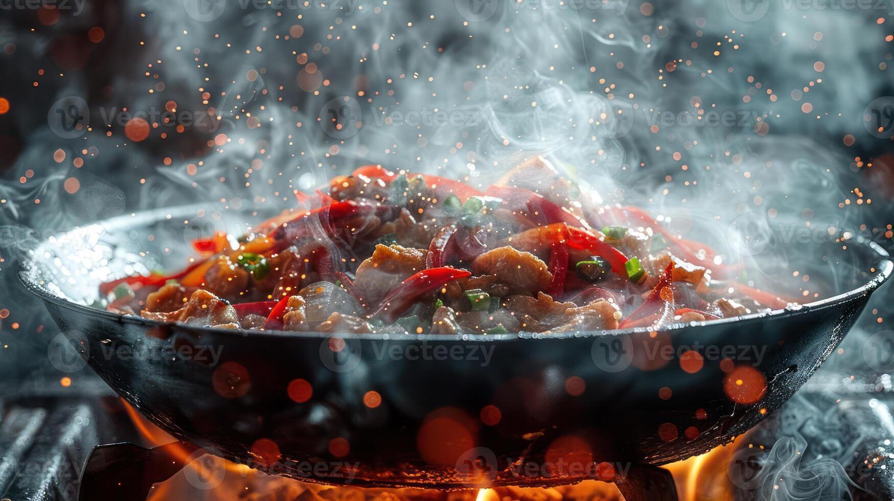 A sizzling stir-fry in a wok, showcasing vibrant ingredients and steam rising. photo