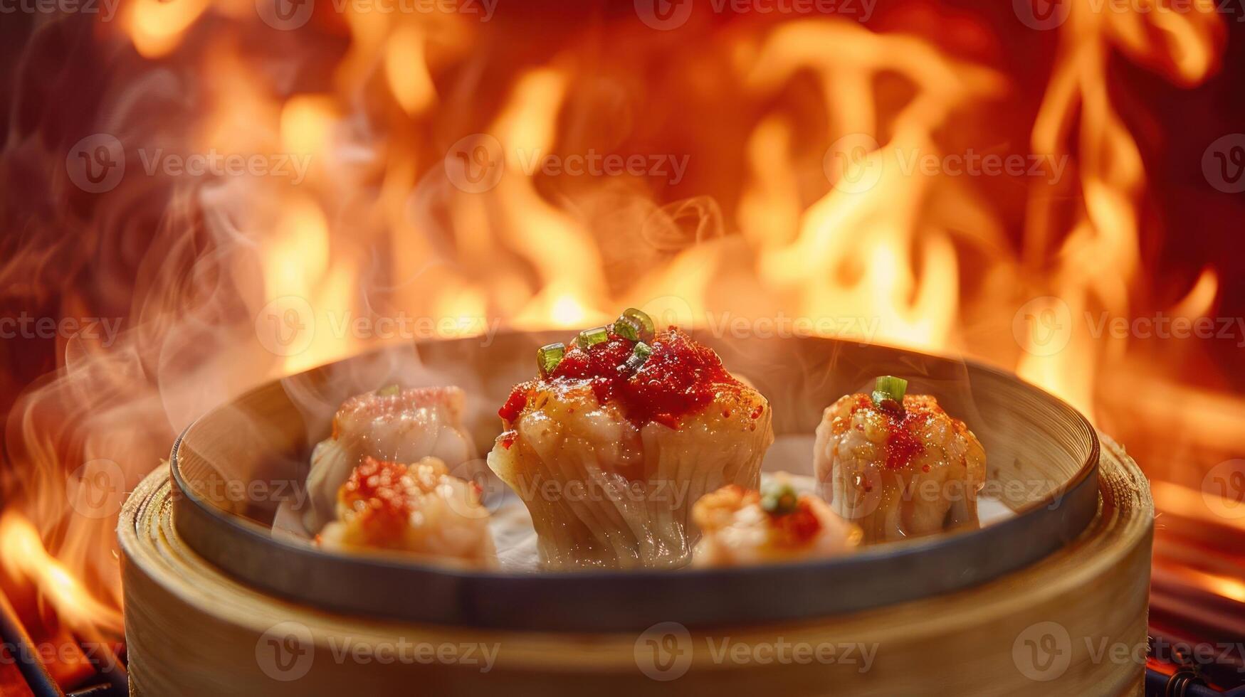 A steamer basket with dim sum, featuring spicy toppings, against a fiery background. photo
