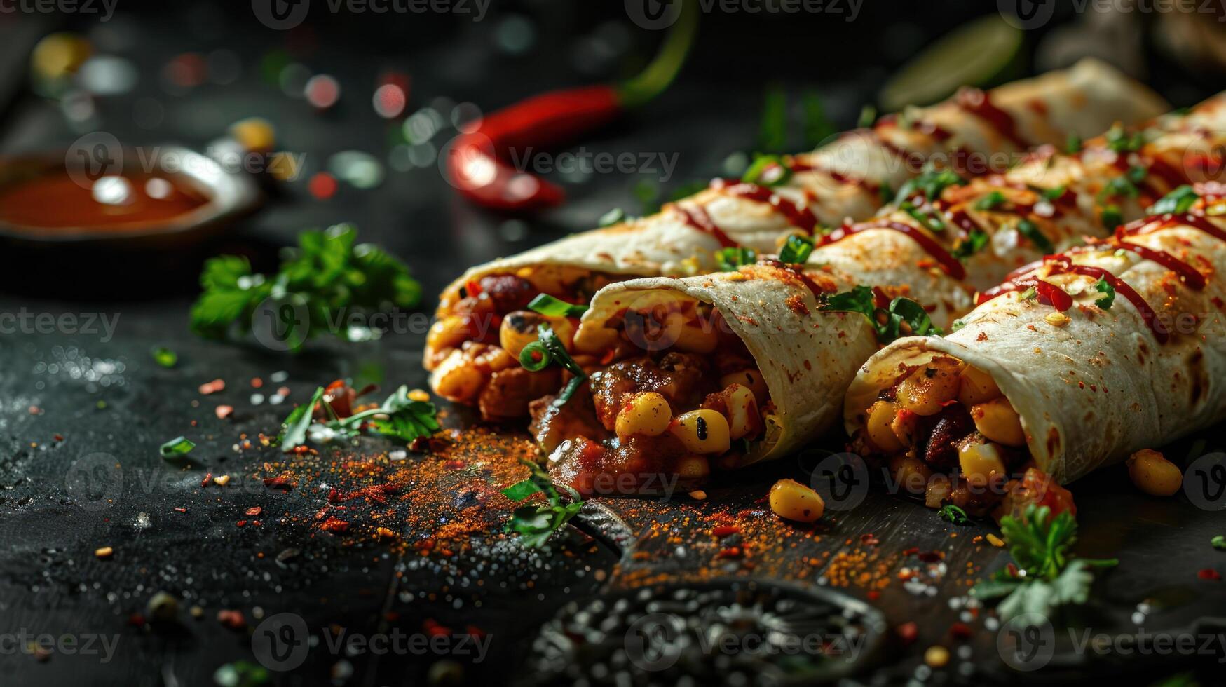 A close-up of delicious burritos garnished with spices and herbs on a dark surface. photo