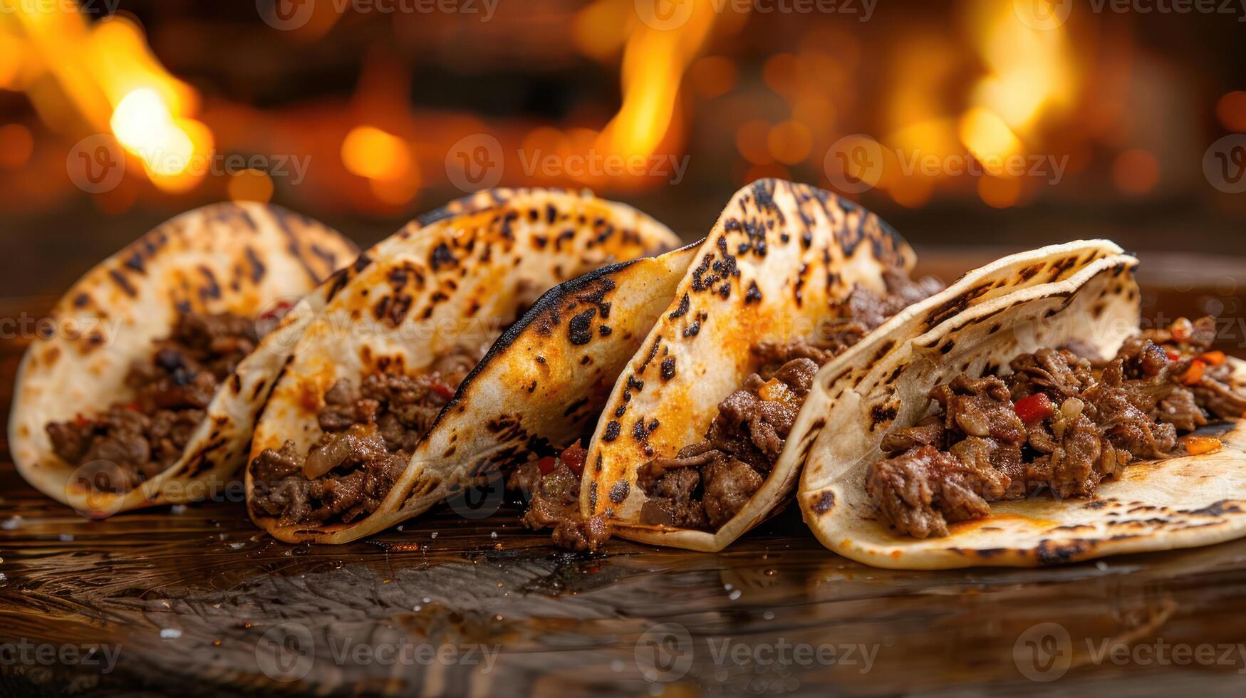 Grilled beef tacos served on toasted tortillas with a warm, rustic background. photo