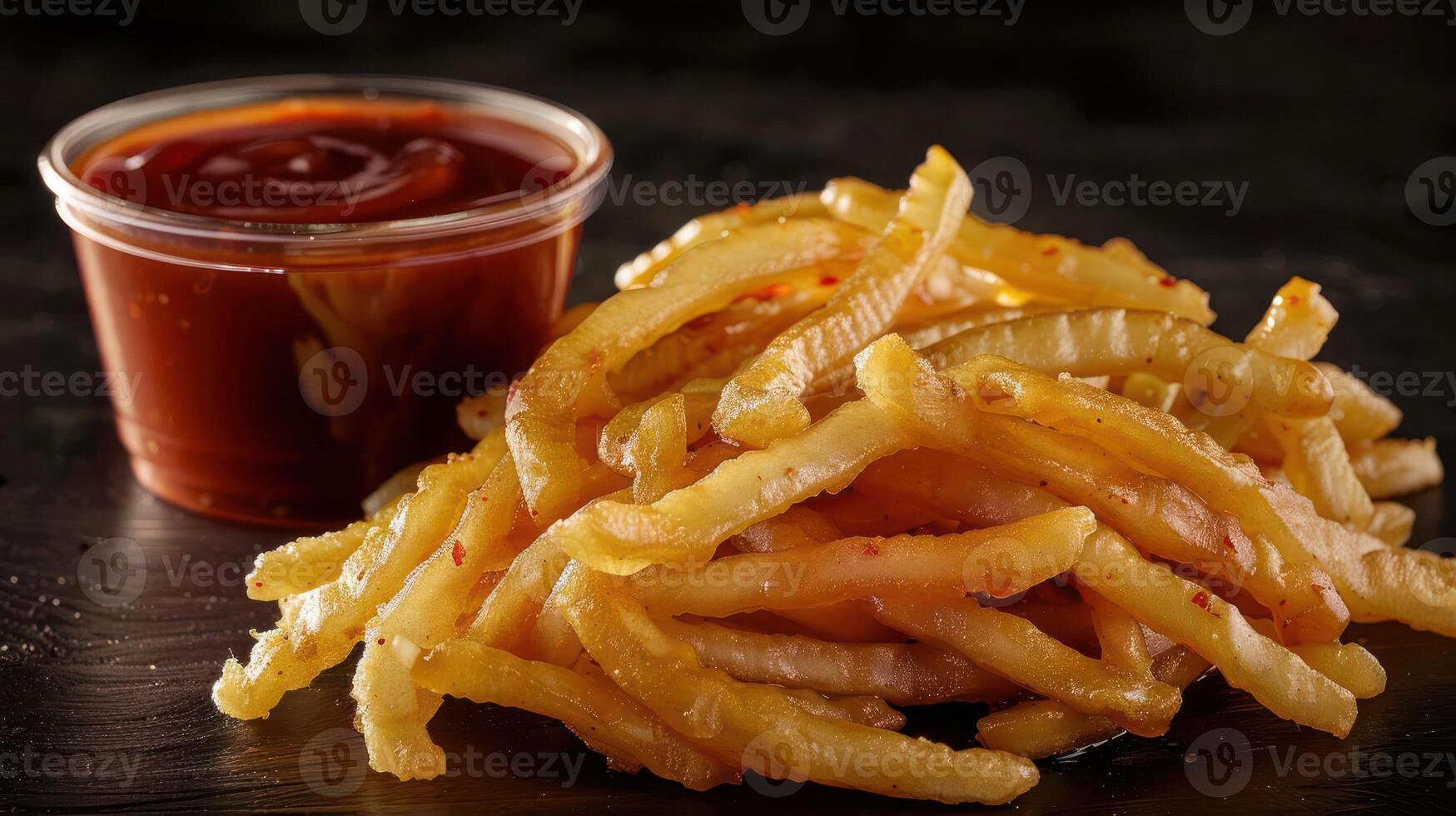 A serving of crispy fried strips with a side of dipping sauce. photo