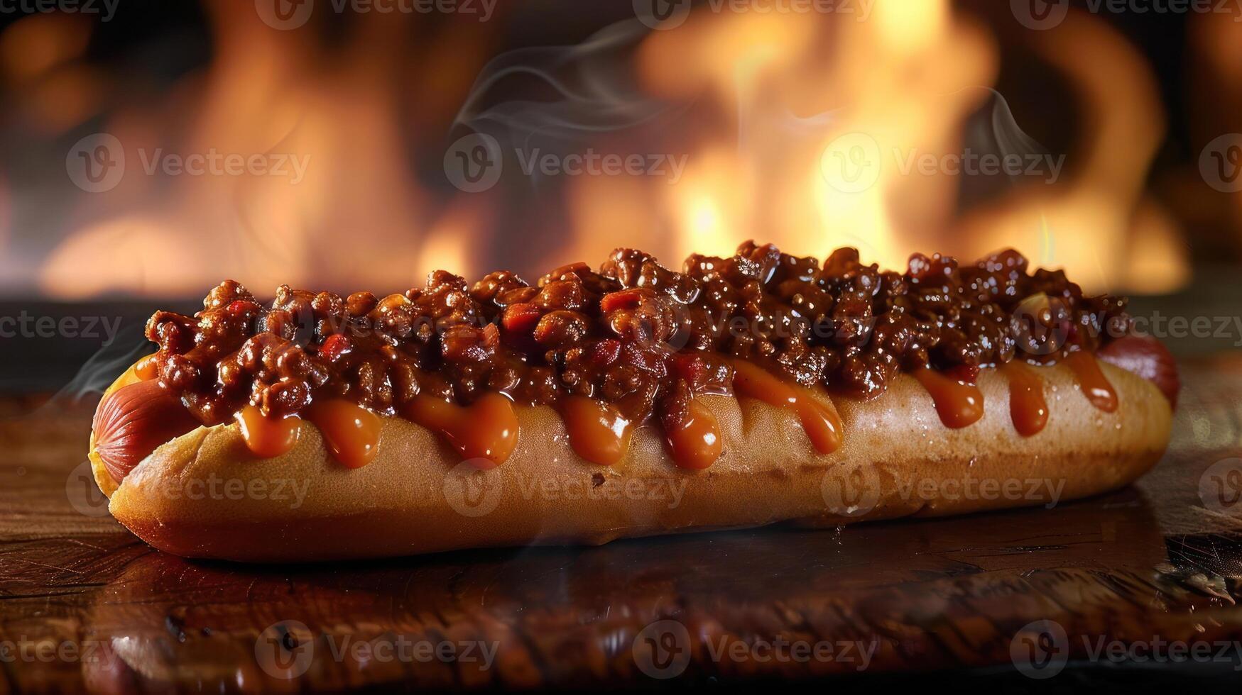 A delicious hot dog topped with chili and sauce, set against a warm, fiery background. photo