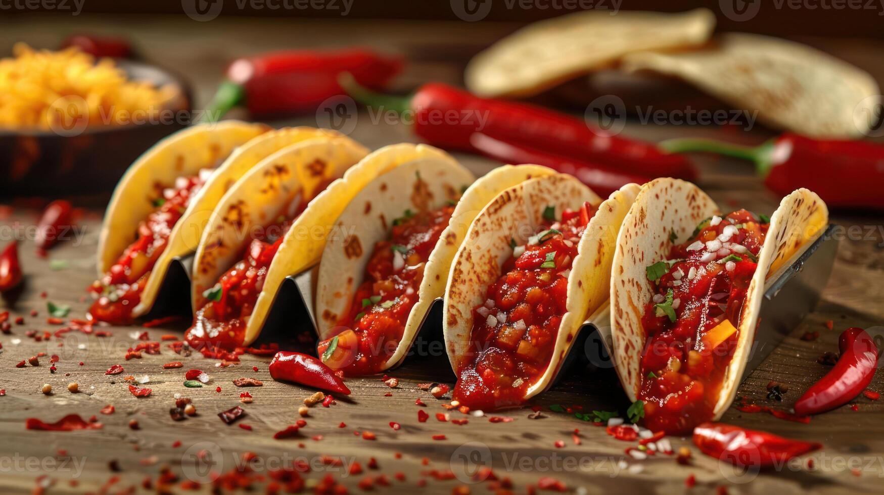 A vibrant display of tacos topped with salsa, garnished with chili peppers, on a wooden table. photo
