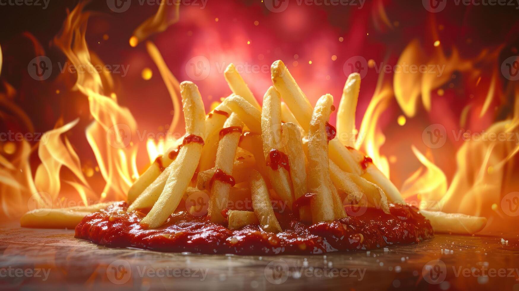 A visually striking image of fries topped with sauce, surrounded by flames. photo