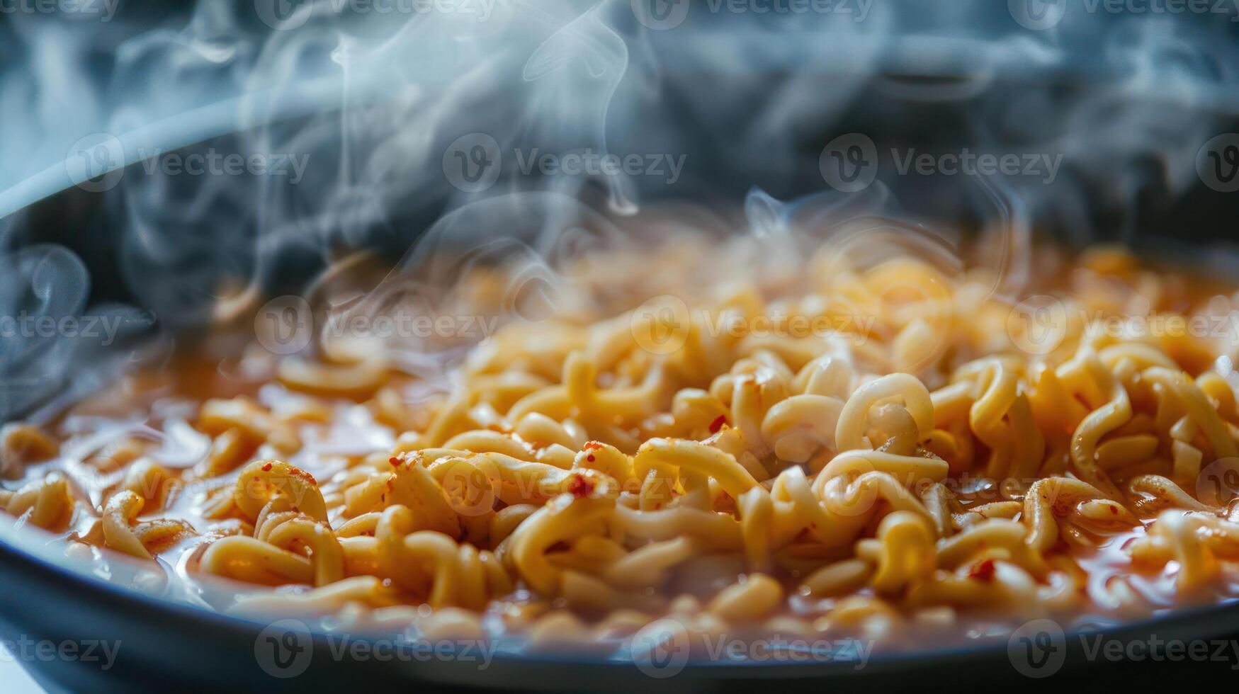 A steaming bowl of noodles in a savory broth, inviting and ready to eat. photo