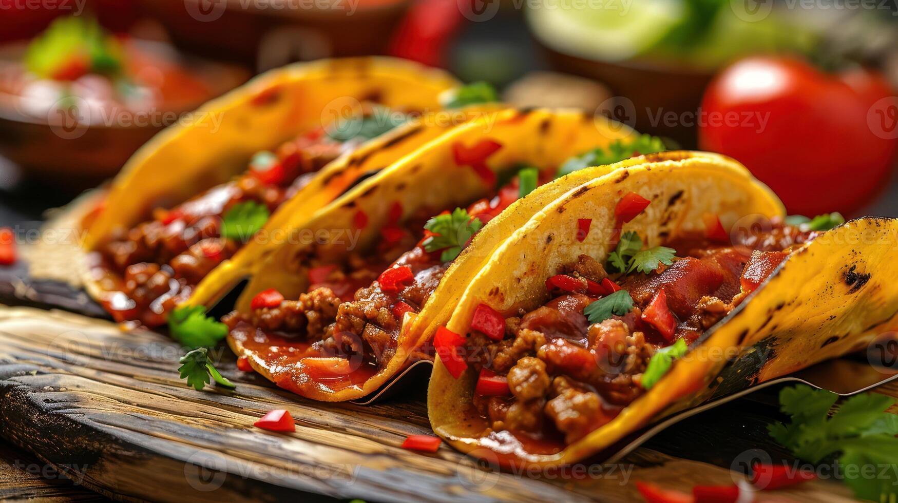 Three delicious tacos filled with meat, topped with diced tomatoes and cilantro on a wooden board. photo
