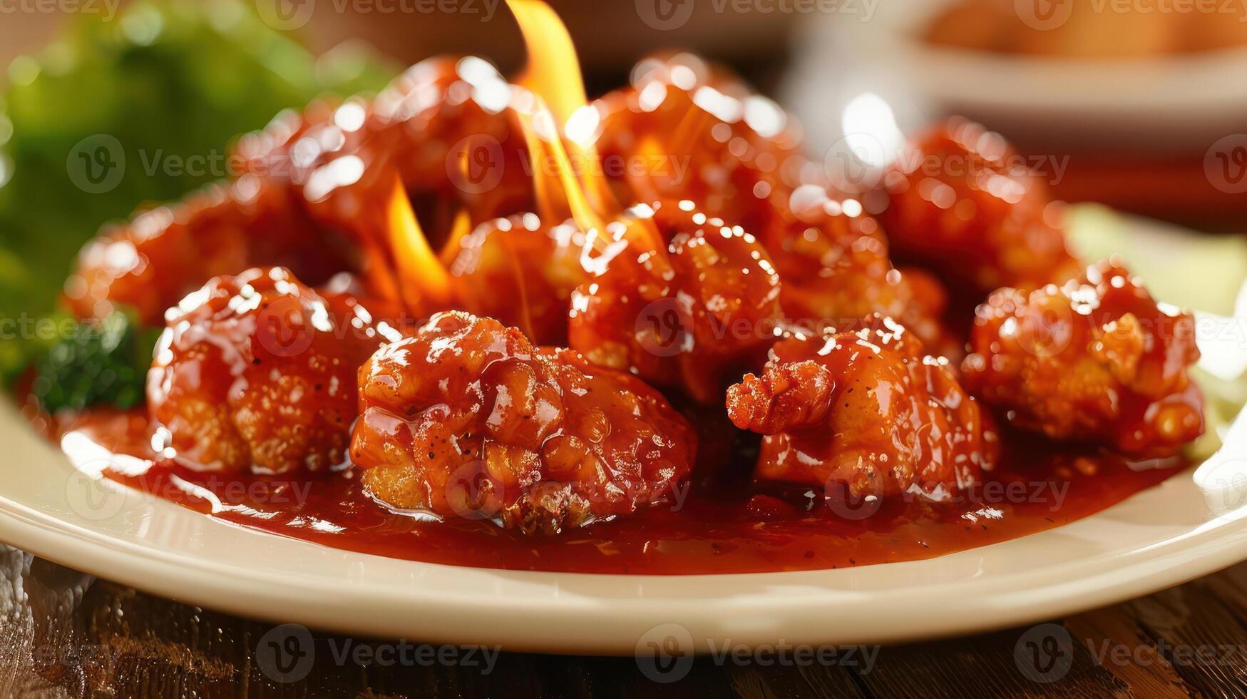 A plate of crispy, saucy chicken with flames, showcasing a delicious dish. photo