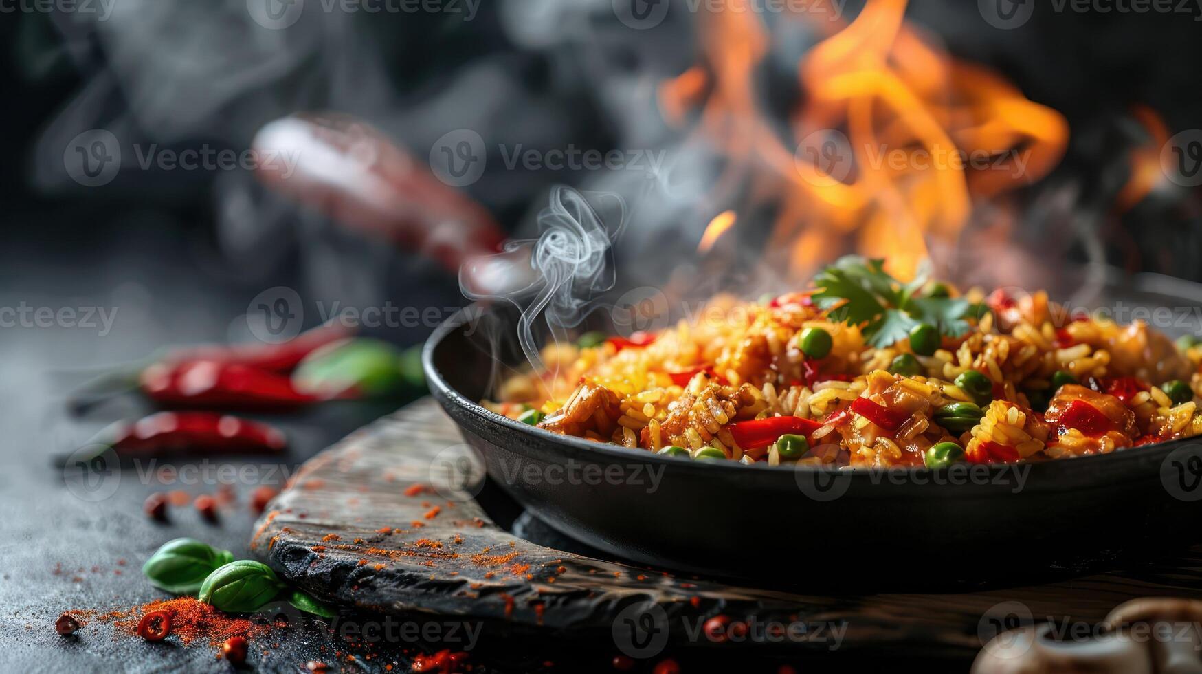 A steaming plate of flavorful rice with vegetables and spices, showcasing culinary art. photo