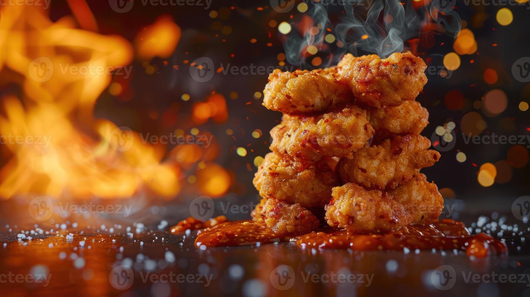 A stack of crispy fried chicken pieces drizzled with spicy sauce, set against a fiery background. photo