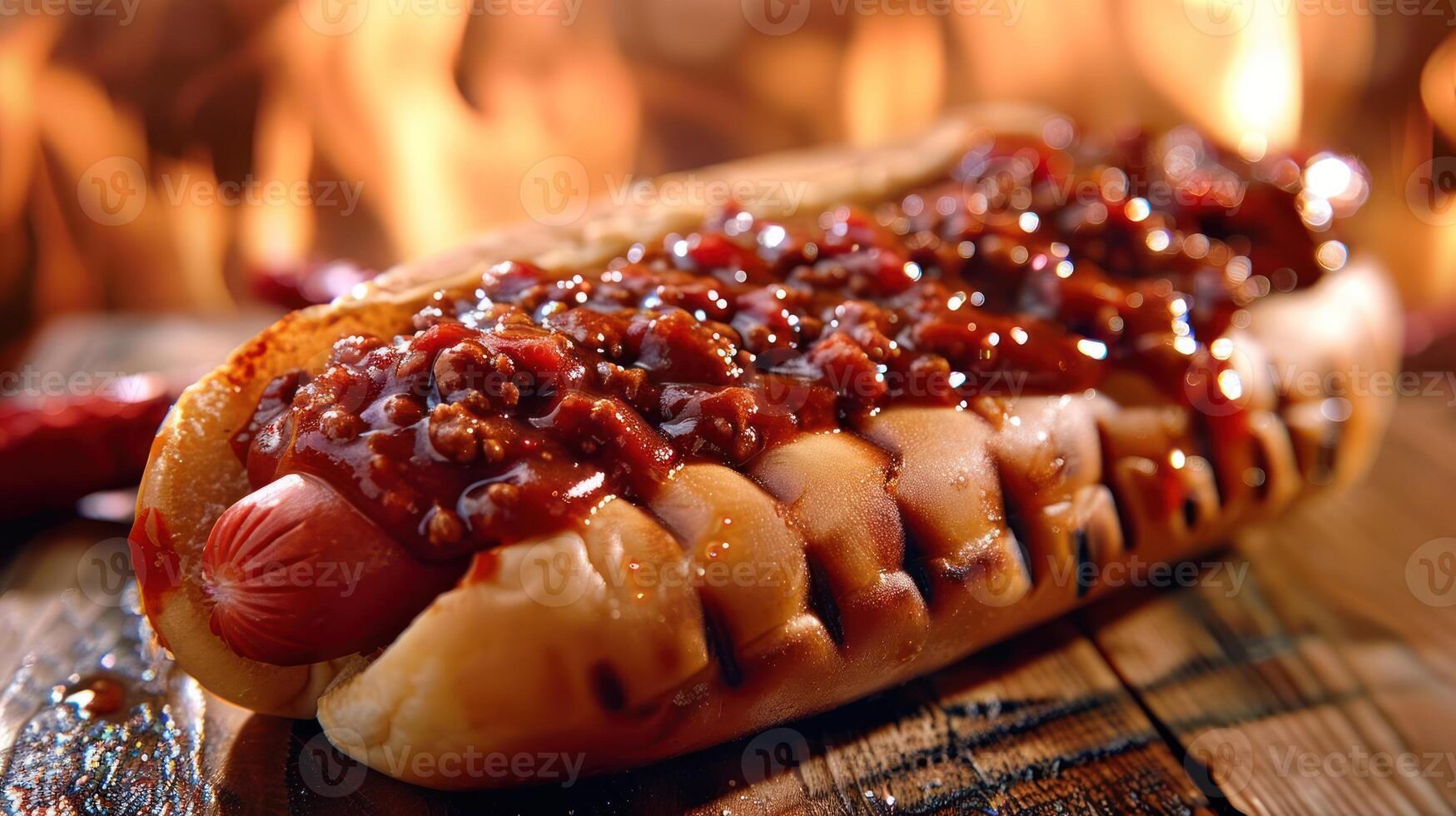 A close-up of a chili cheese hot dog on a wooden surface with a warm background. photo