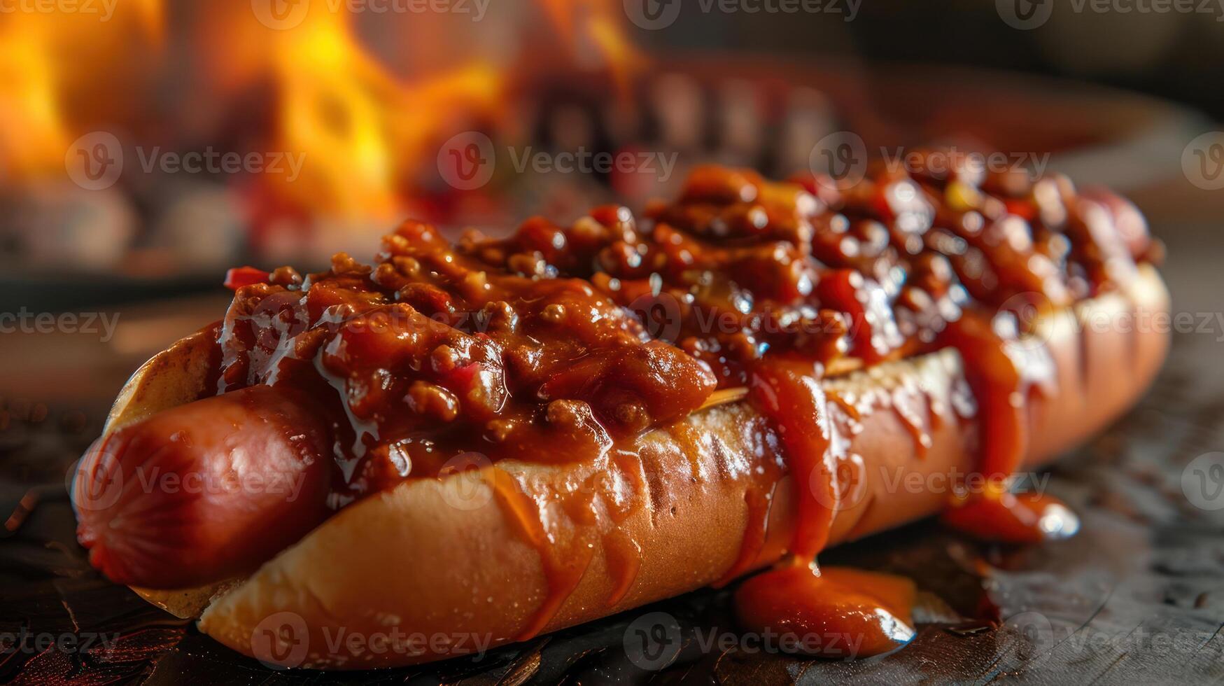 A delicious hot dog topped with chili and sauce, served on a rustic surface. photo