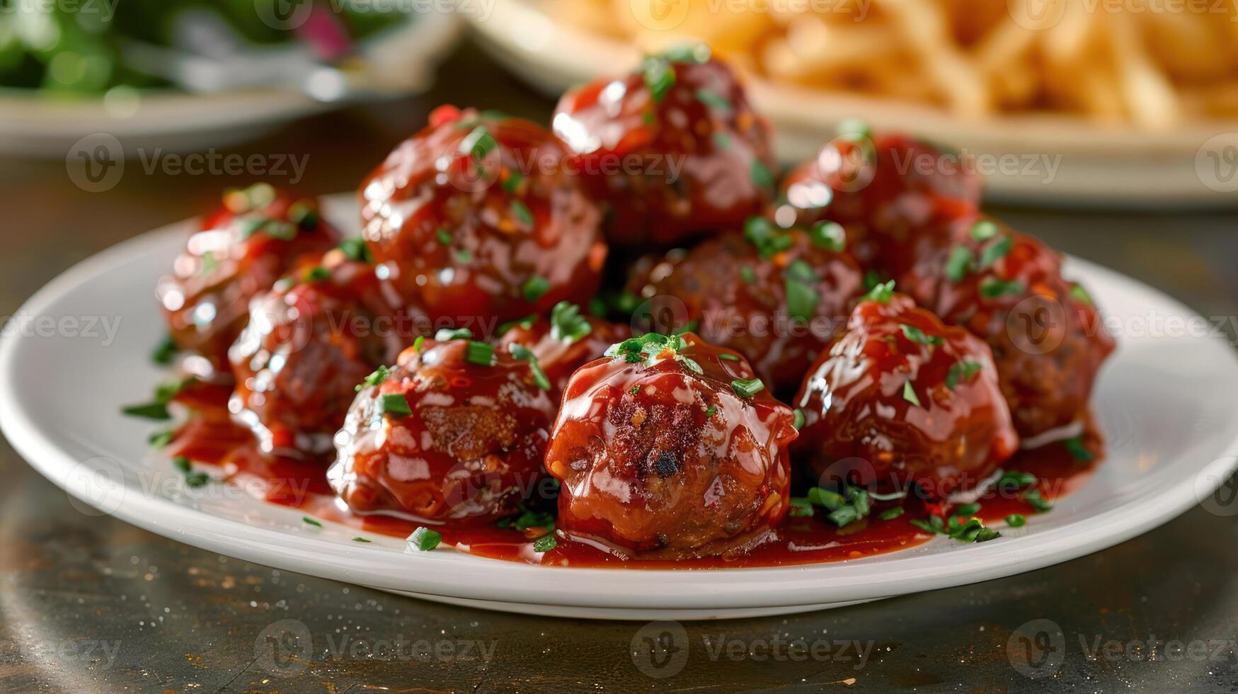 A plate of meatballs covered in sauce and garnished with herbs. photo