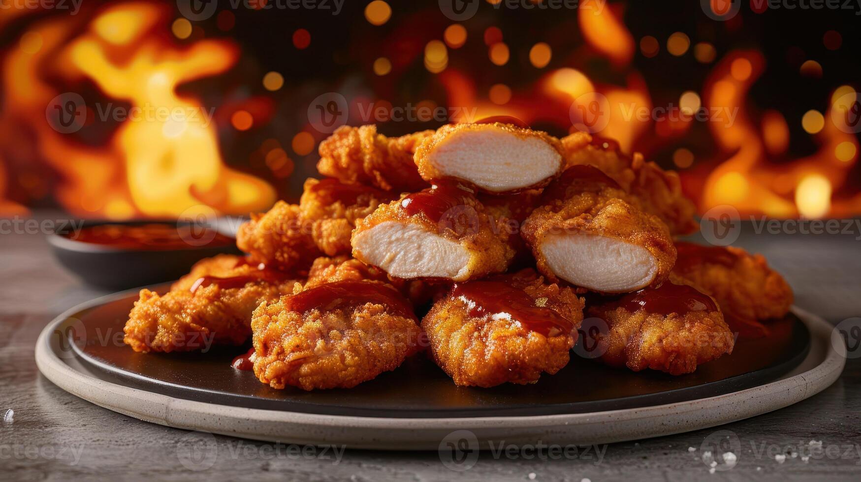 A pile of crispy fried chicken pieces drizzled with sauce, set against a fiery background. photo