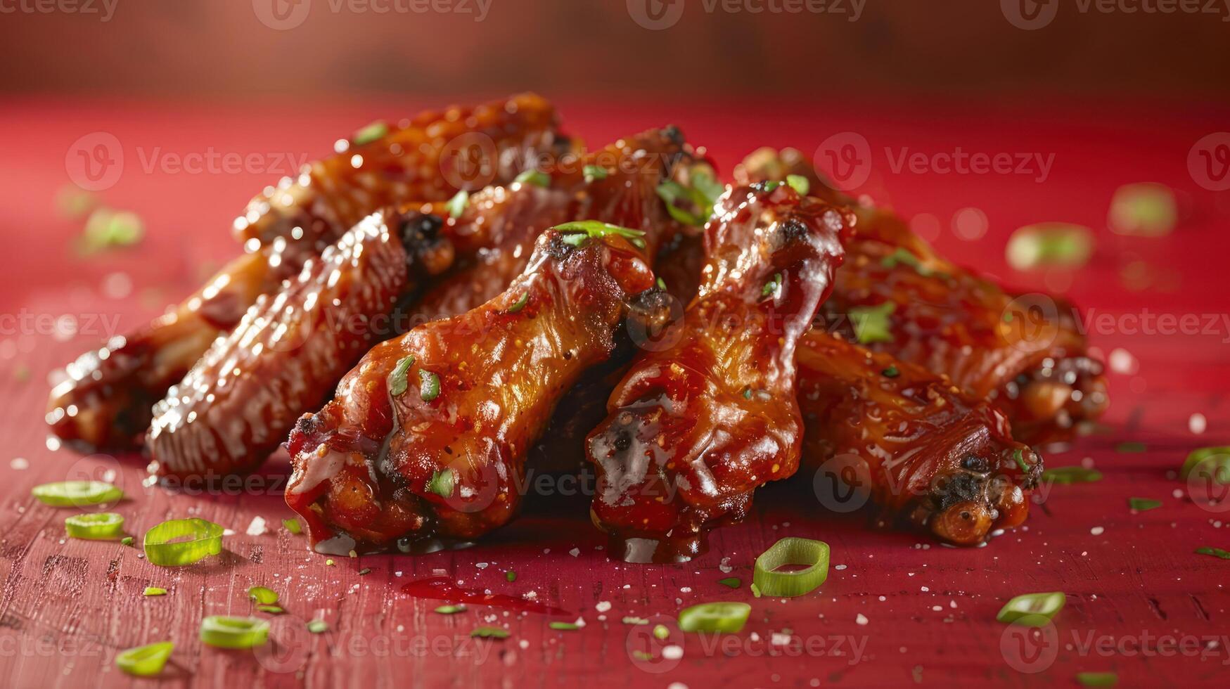 A pile of glazed chicken wings garnished with green onions on a wooden surface. photo