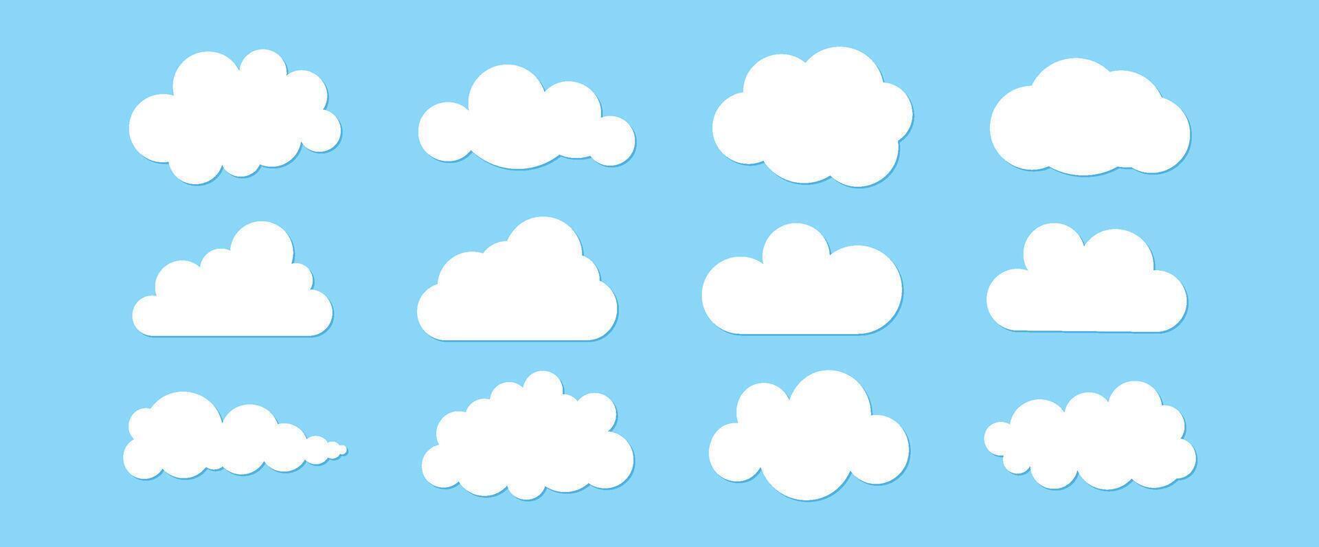Set of 12 flat clouds. Simple cute illustration. Children's drawing. A weather or cloud storage icon. Blue summer sky. vector