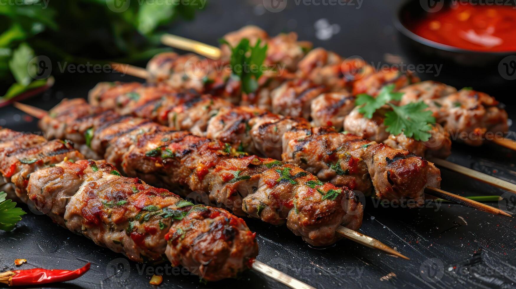 Grilled skewers of meat garnished with herbs and served with dipping sauce. photo