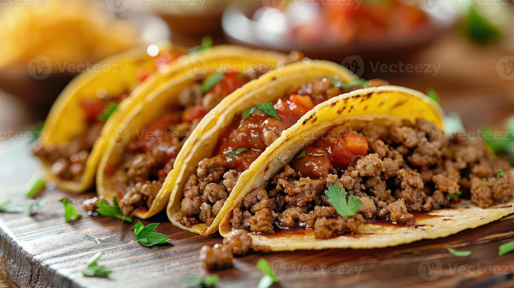 Delicious tacos filled with seasoned meat, topped with salsa and garnished with herbs. photo