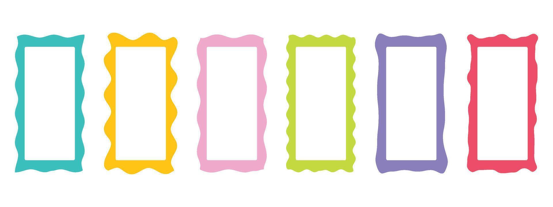 Rectangular colored retro frames with squiggly, zigzag wavy edges. cute borders for photos, labels, stamps isolated on white background. vector