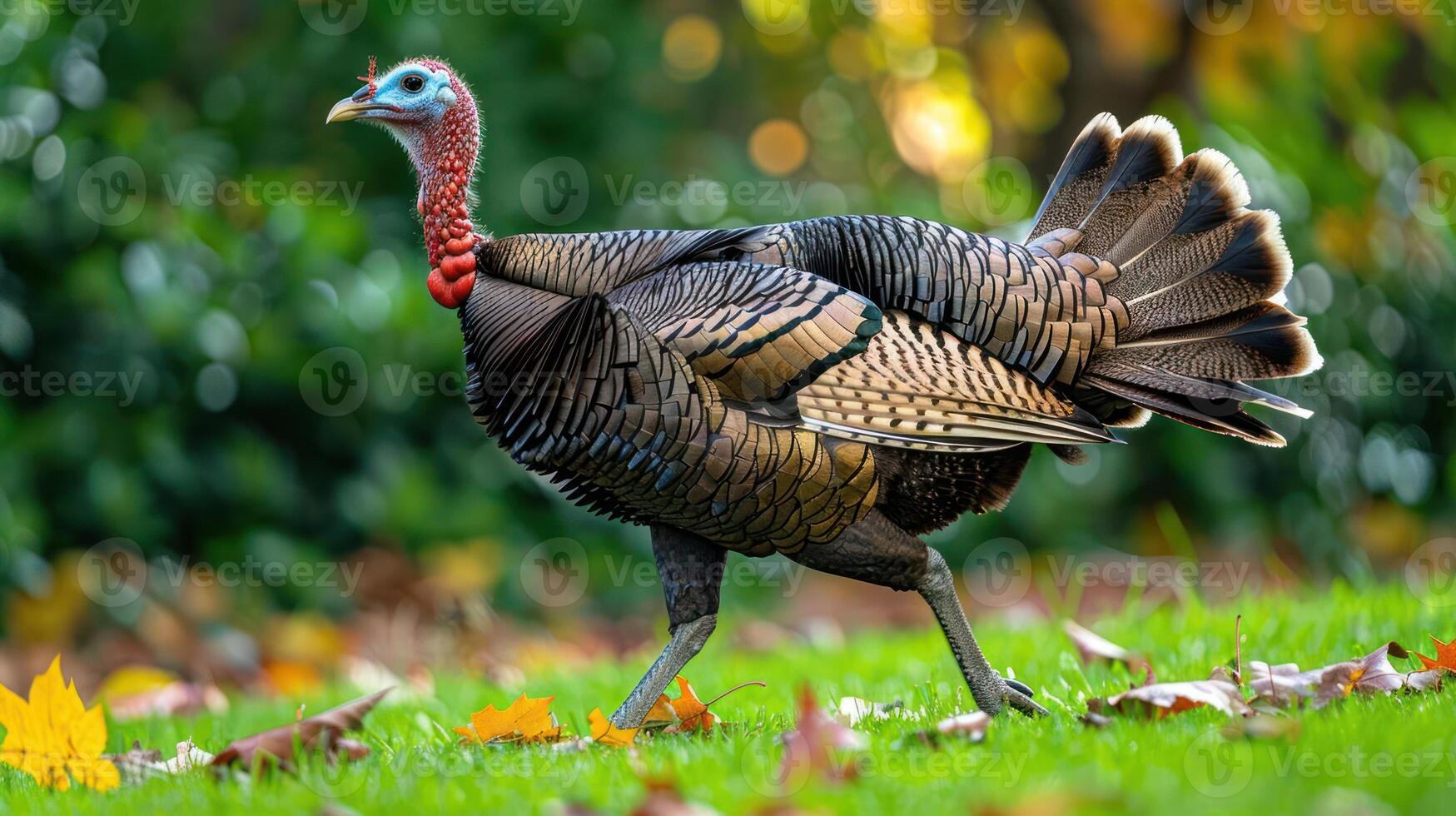 Wild turkey walking on a grassy area surrounded by autumn leaves in a vibrant park setting photo