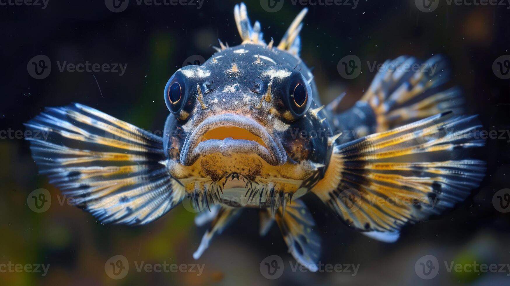 Close-up of a vibrant fish displaying intricate patterns and colors in a serene underwater scene photo