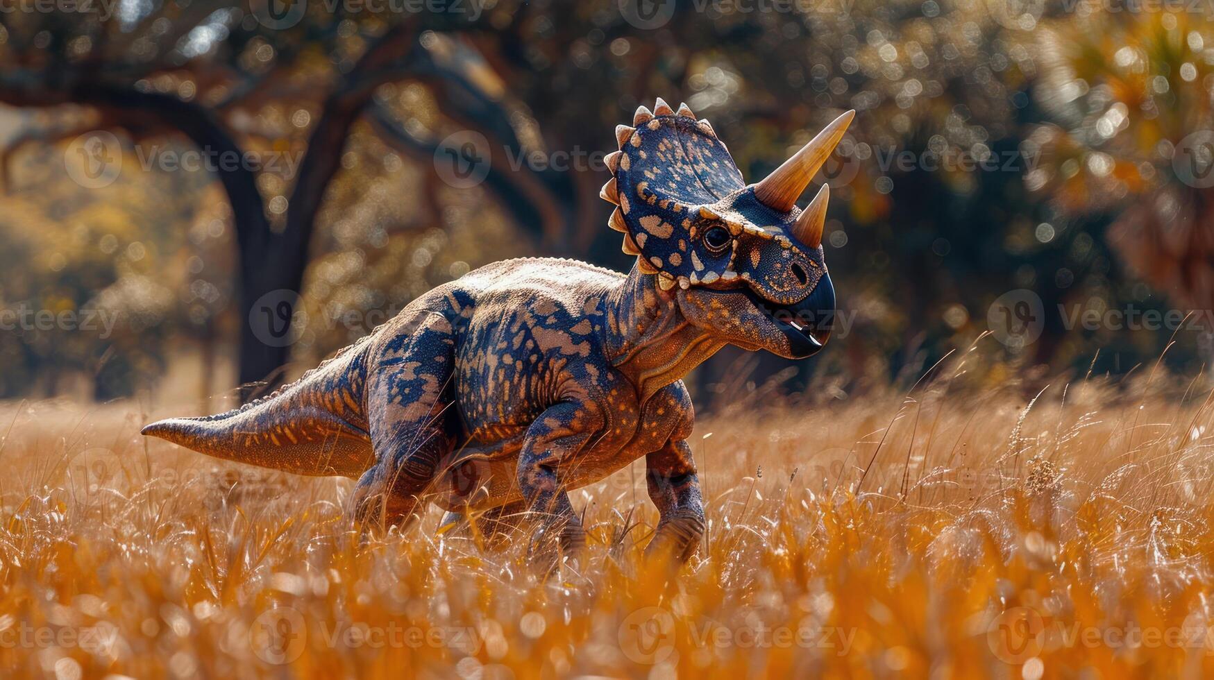 Colorful dinosaur walking through tall grass in a sunny landscape with trees in the background photo