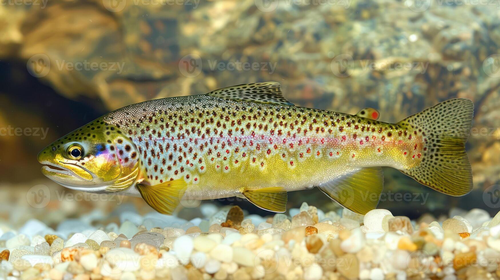 A vibrant brown trout swimming gracefully among pebbles in a serene underwater habitat photo