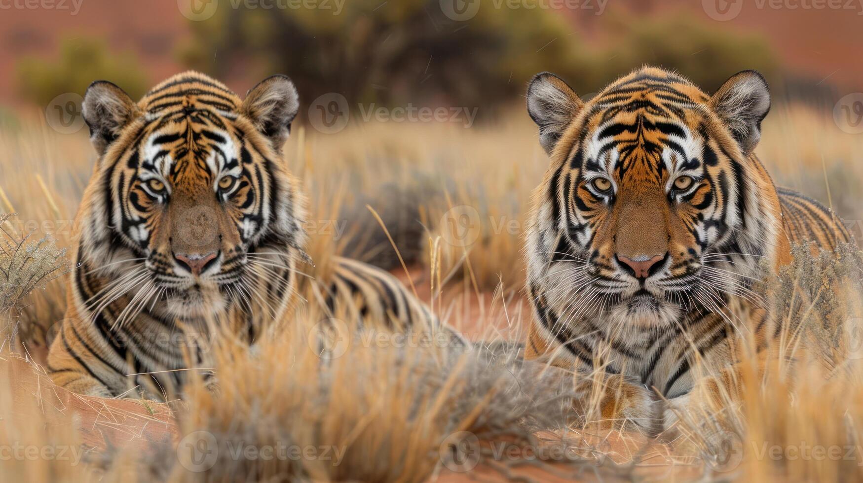 Two majestic tigers resting in a grassy landscape under a warm sunset, showcasing their beauty photo