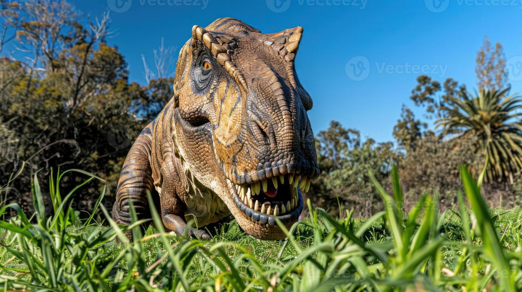 Realistic dinosaur model prowling through lush green grass in a vibrant outdoor setting photo