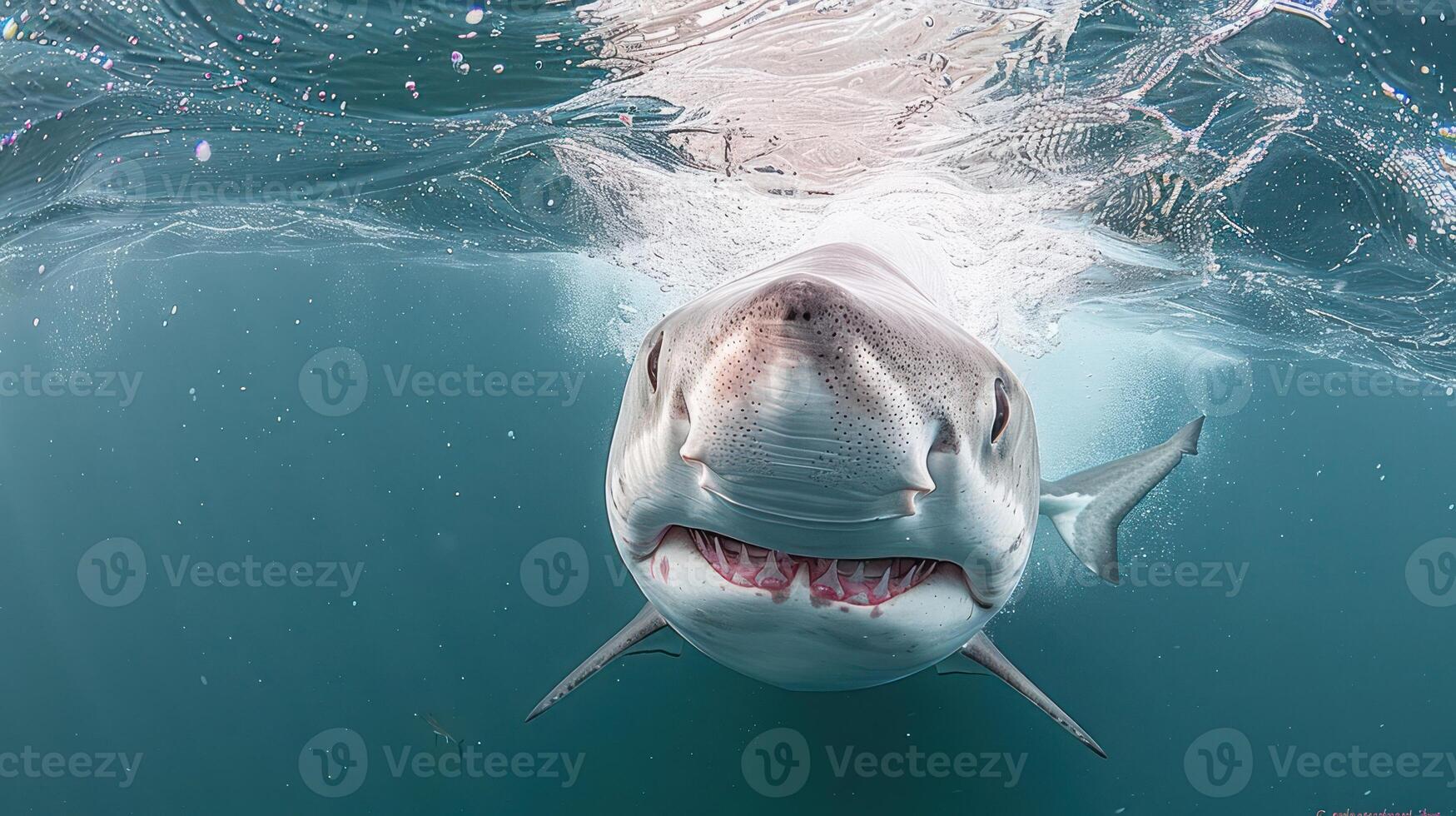 Close-up of a shark swimming underwater, showcasing its teeth and curious expression against a blue ocean photo