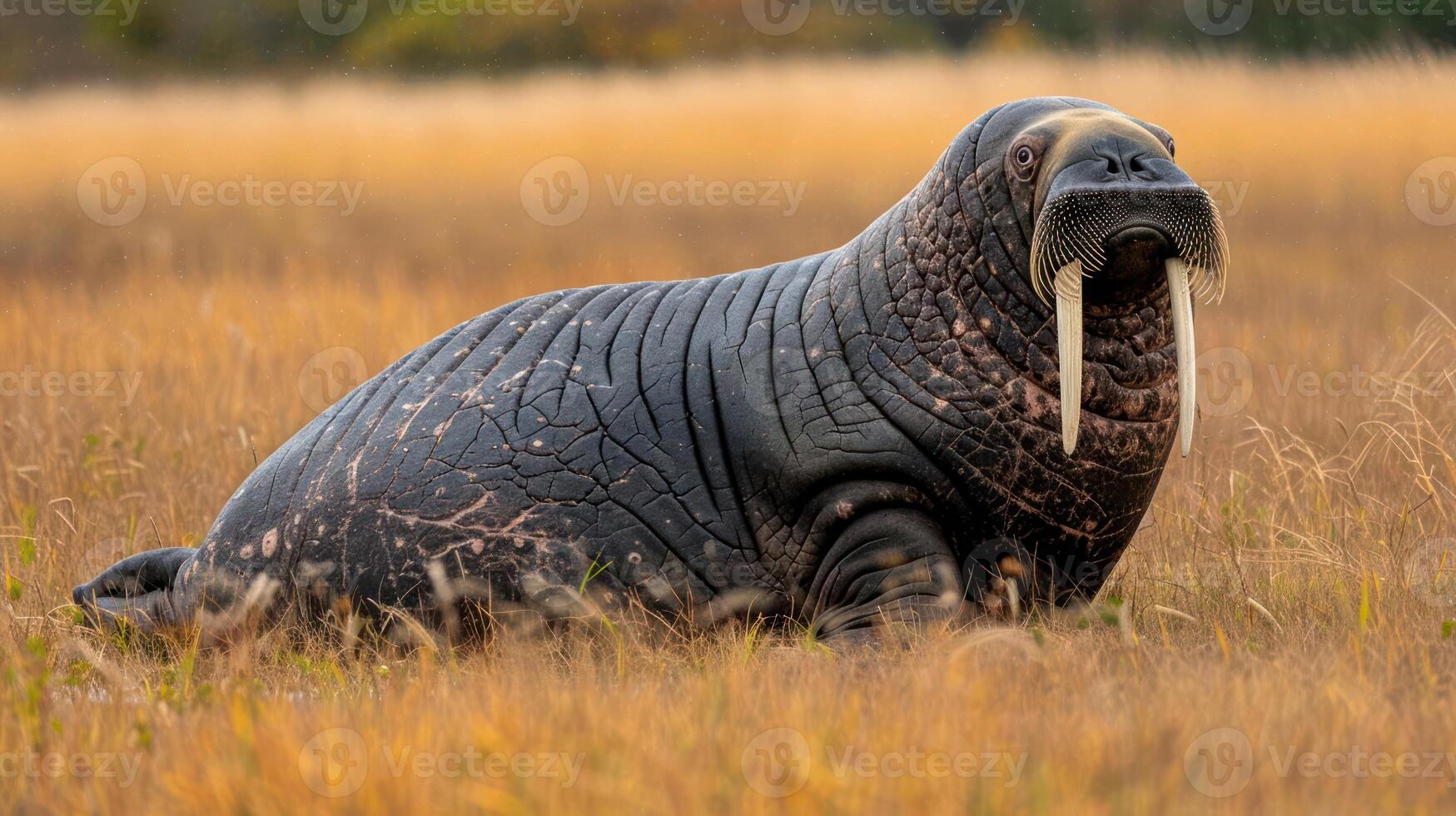 A walrus resting on golden grass fields under a clear sky, with distant trees in the background photo
