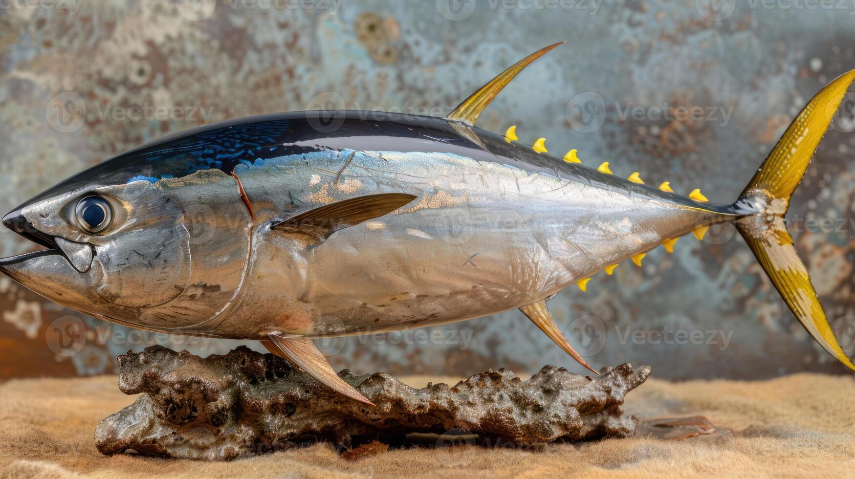 Realistic depiction of a tuna fish resting on a textured surface, showcasing its vibrant colors and details photo
