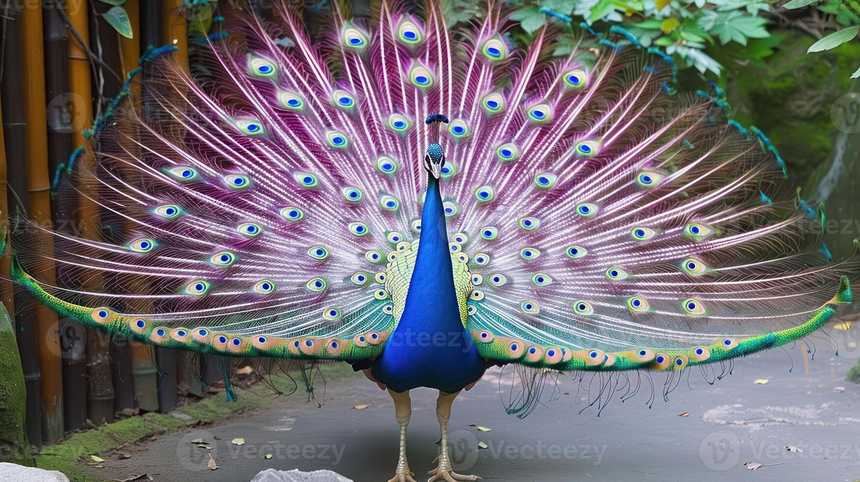 Vibrant peacock displaying its colorful feathers in a lush garden setting with greenery photo