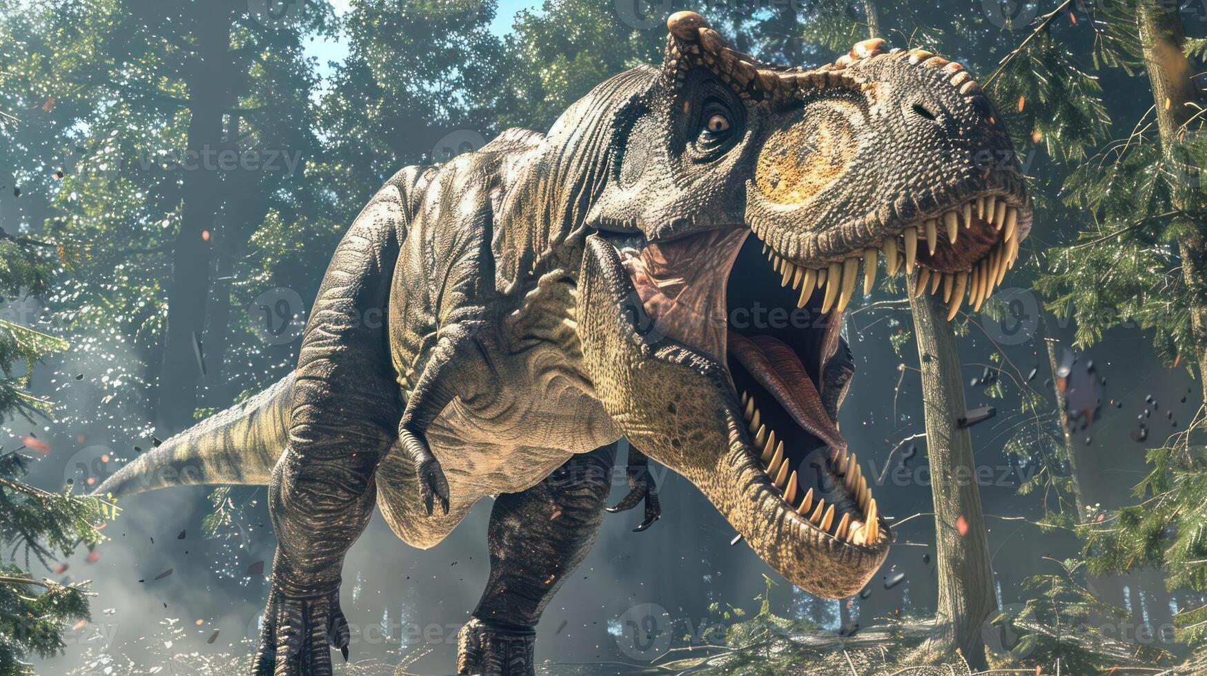 A roaring dinosaur in a lush forest, surrounded by vibrant foliage and scattered debris, creating a dynamic scene photo