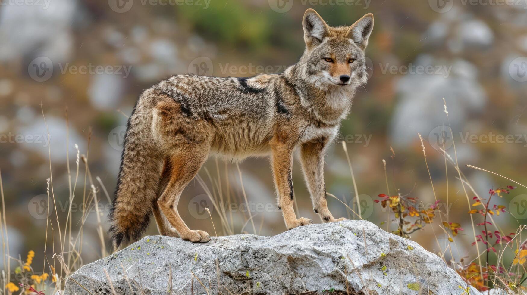 Coyote standing majestically on a rock in a colorful, natural landscape during daylight photo