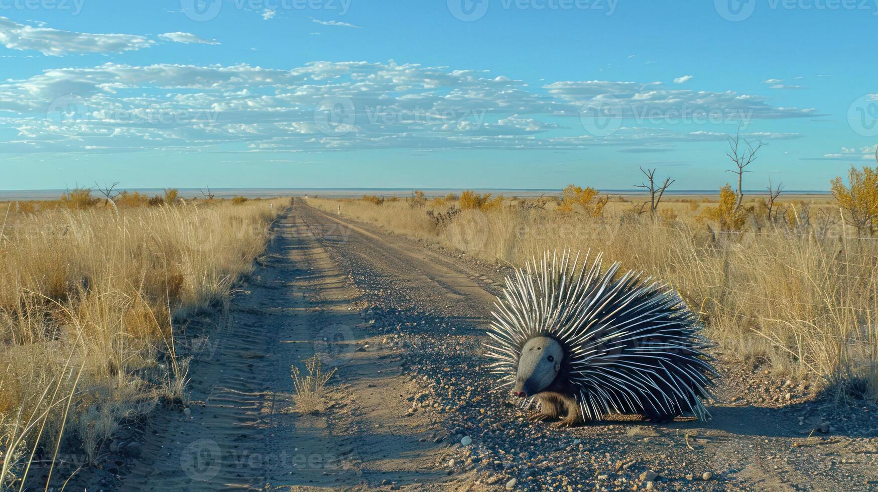 An echidna resting on a dirt road in a vast, open landscape under a blue sky photo