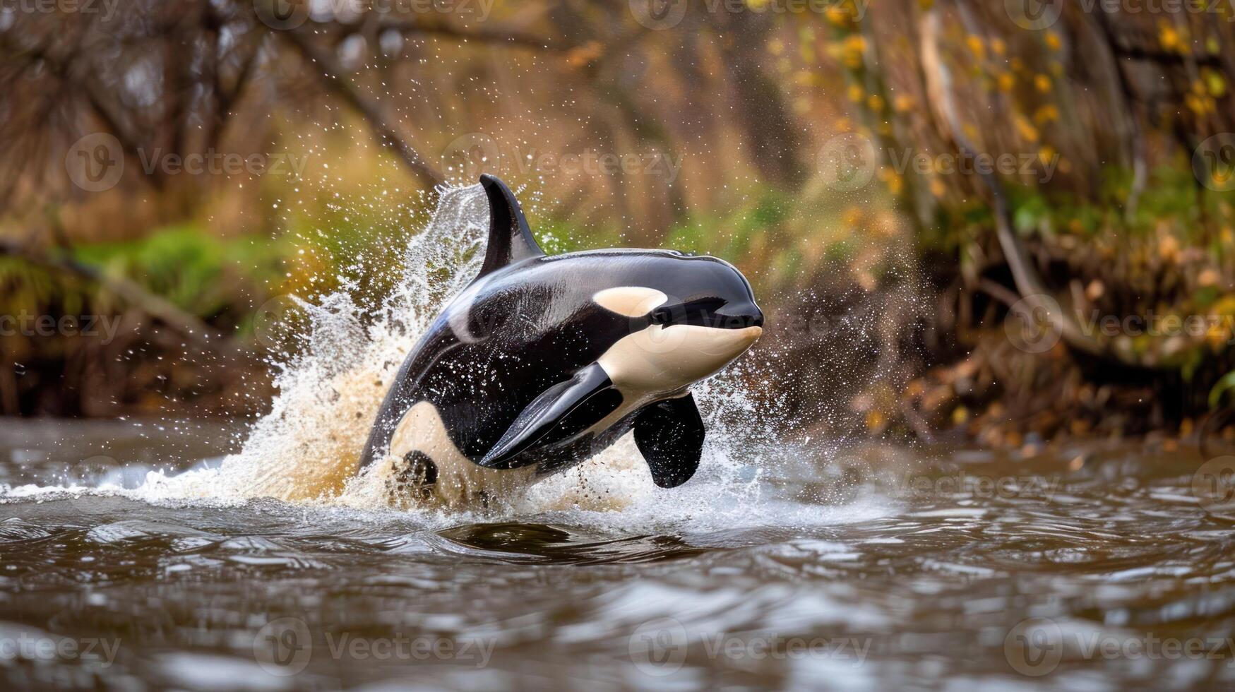 Orca breaching in a river surrounded by autumn foliage, showcasing nature's beauty and wildlife photo