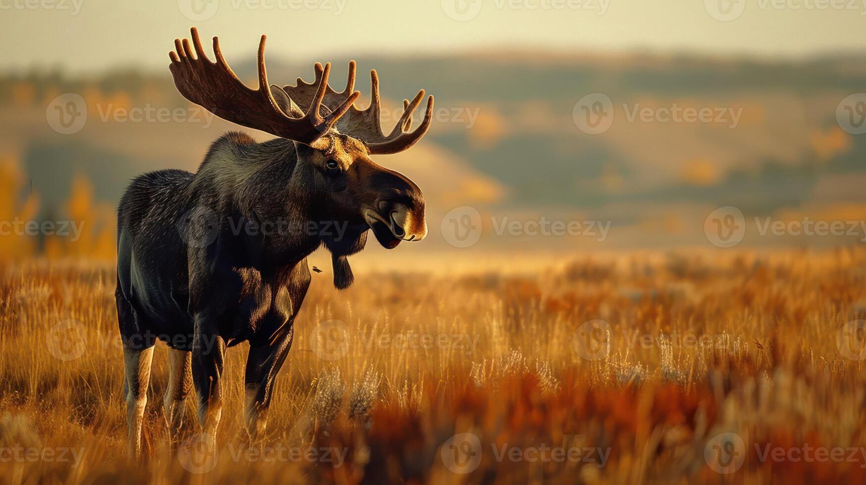Majestic moose standing in a golden autumn landscape with vibrant foliage and distant hills photo