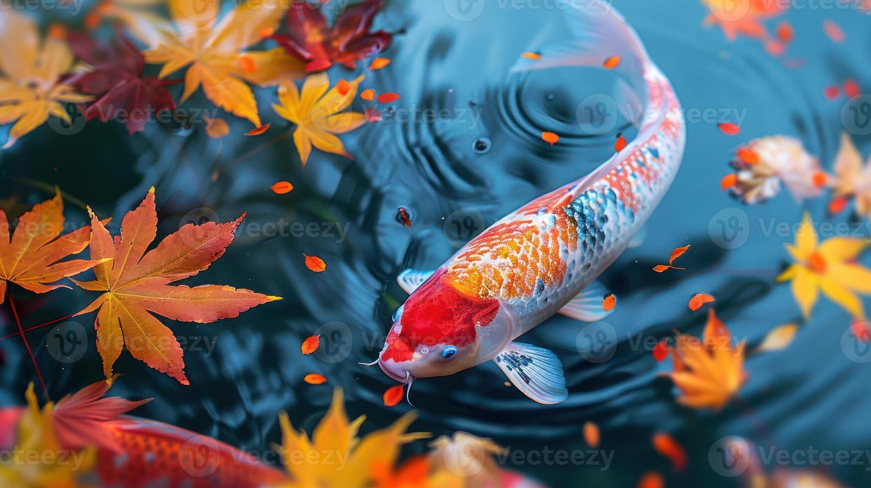Colorful koi fish swimming gracefully among autumn leaves in a serene pond setting photo
