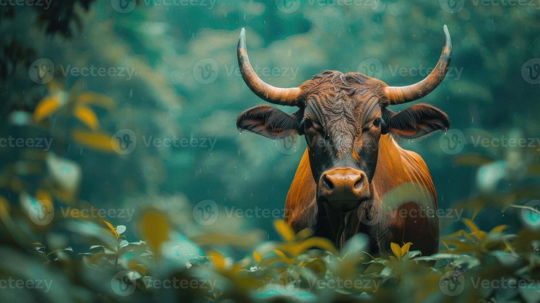 A majestic brown cow stands amidst lush green foliage in a serene forest setting photo