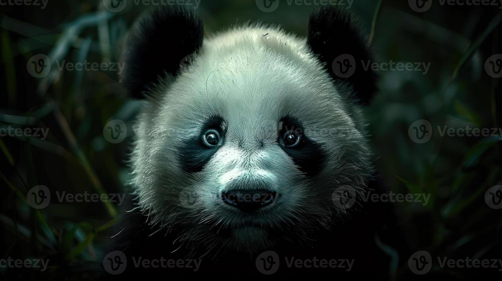 Close-up of a panda bear in a lush green forest, showcasing its expressive eyes and furry face photo