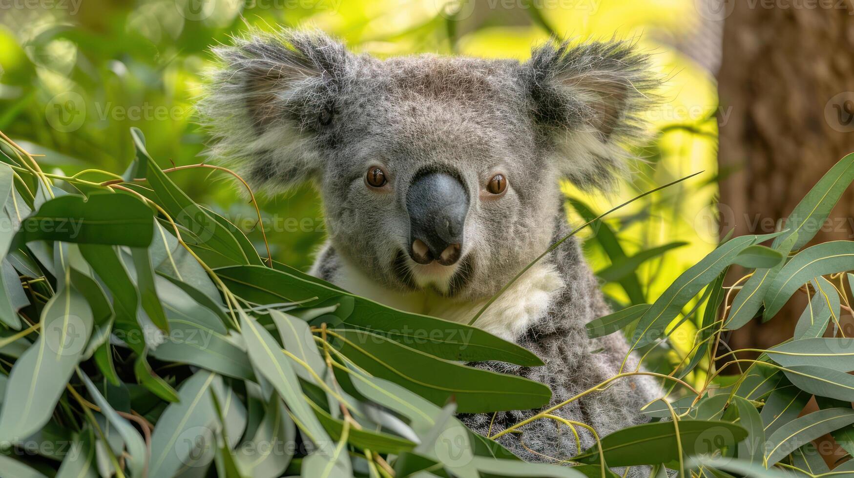 Close-up of a koala nestled among eucalyptus leaves in a vibrant natural habitat photo