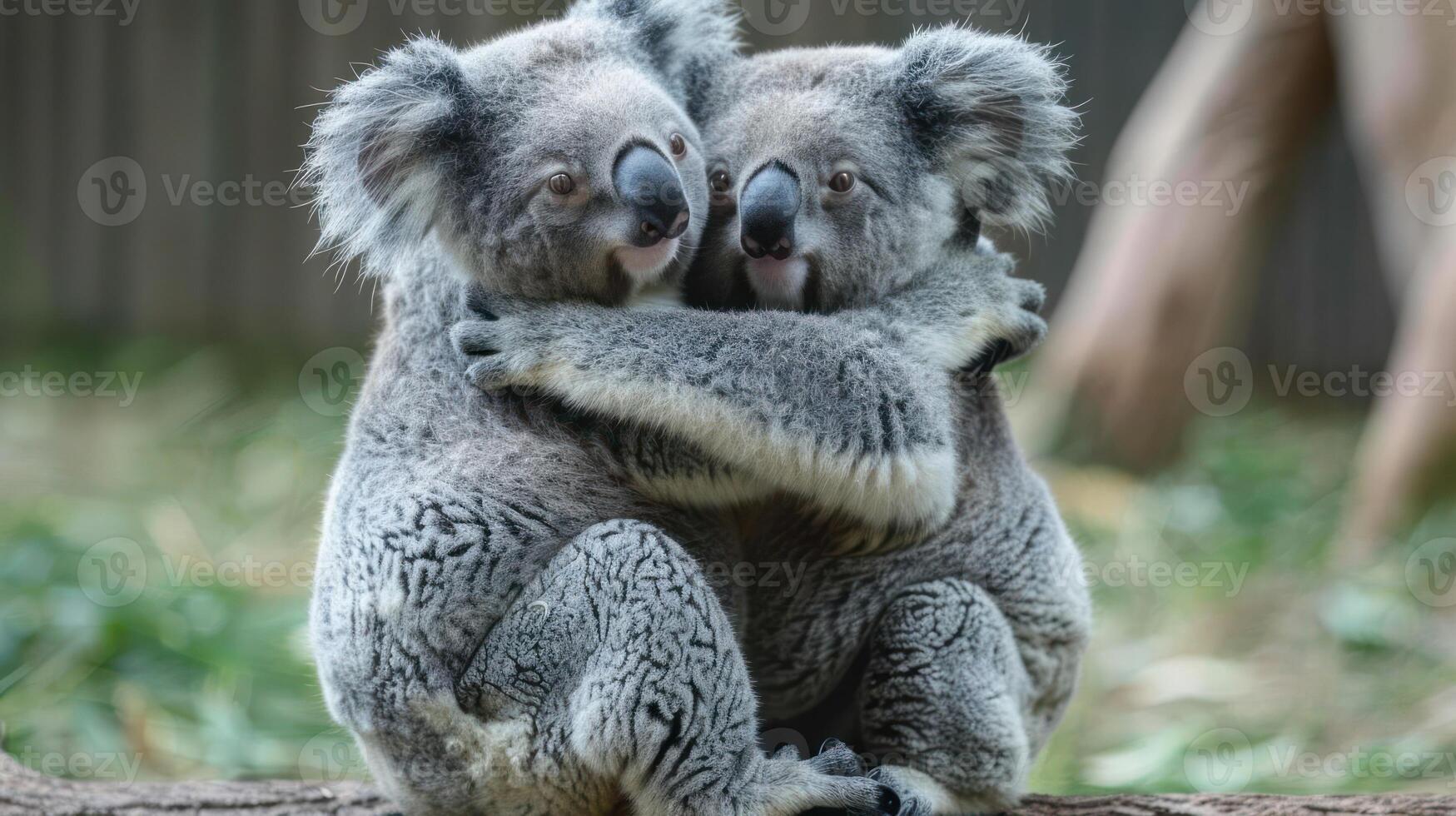 Two adorable koalas embracing each other in a lush green environment, showcasing their bond photo