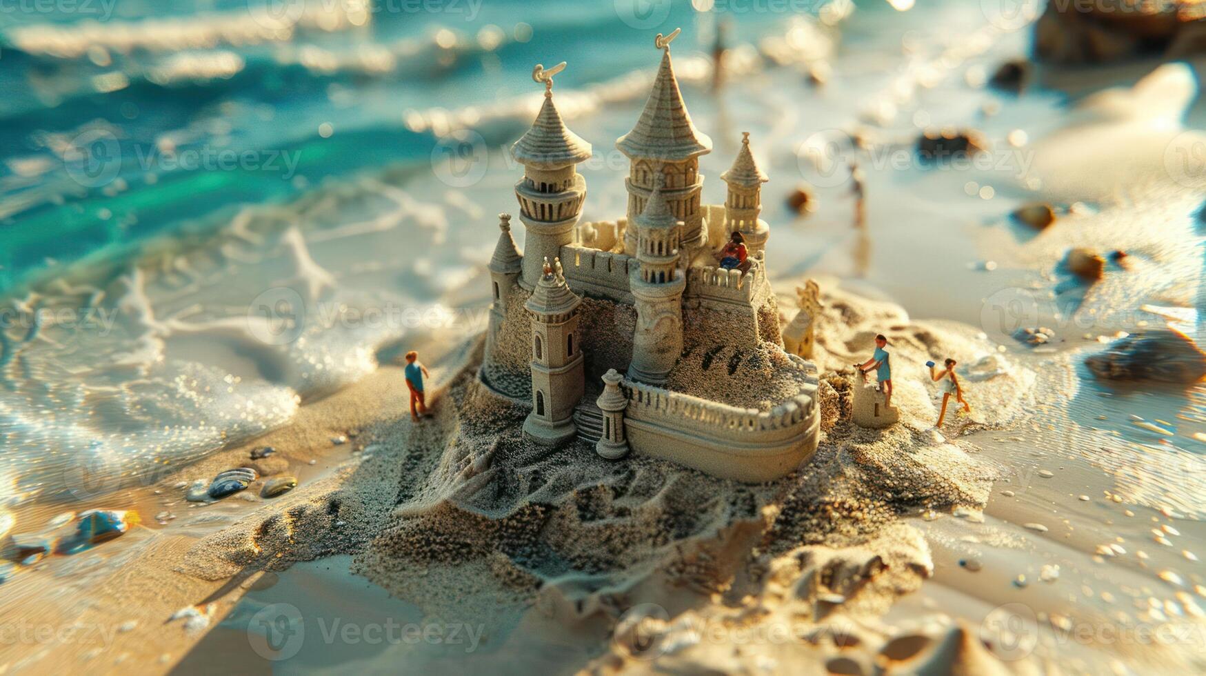 A detailed sandcastle on a beach with people enjoying the seaside. photo