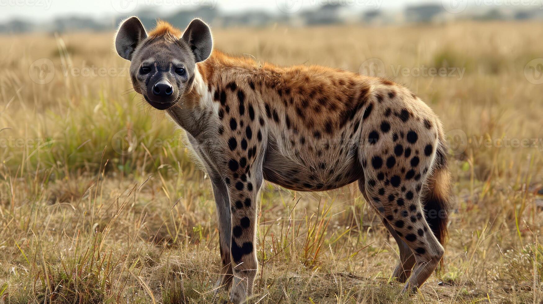 A hyena stands alert in an open savanna, with tall grass and distant trees under a clear sky photo